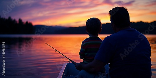 Father and son fishing at sunset on a lake. photo