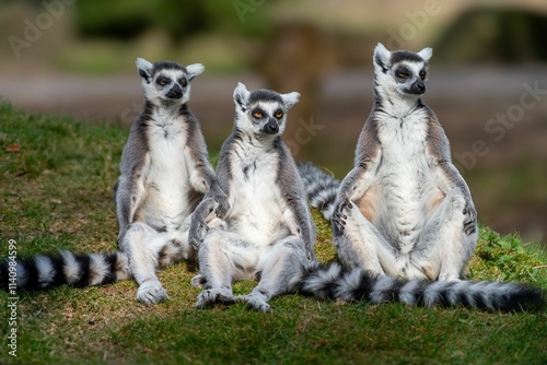 Three ring-tailed lemurs sitting on grass