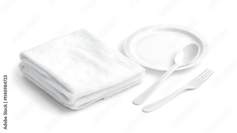 Towel, fork, spoon, and disposable white plastic plate isolated on a white background Towel, fork, spoon, and disposable white plastic plate isolated on a white background