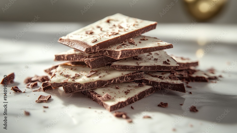 Elegant peppermint bark shards on white marble with dramatic lighting