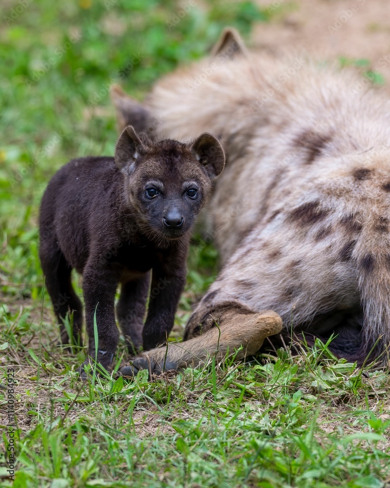 Hyena cub with mother in natural habitat Hyena cub with mother in natural habitat