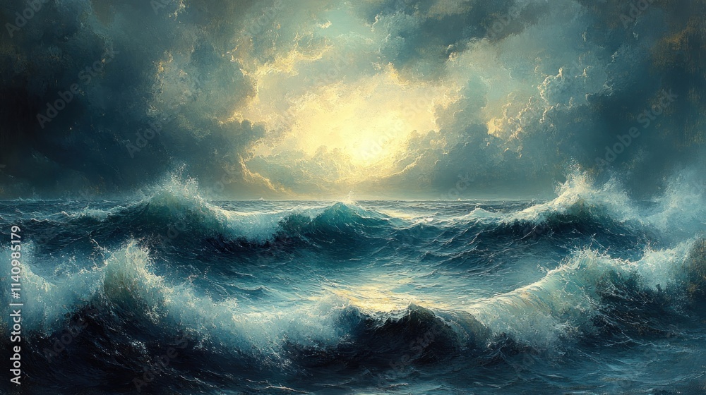 Fototapeta premium Stormy ocean waves, bright light breaks through clouds.