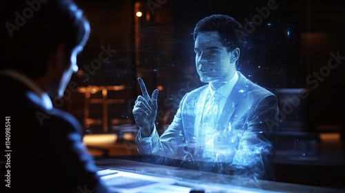A man is sitting at a desk with a computer monitor in front of him. The monitor is displaying a man's reflection