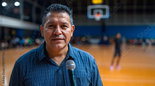 A man wearing a microphone is standing in front of a basketball court. There are several people in the background, some of whom are sitting photo