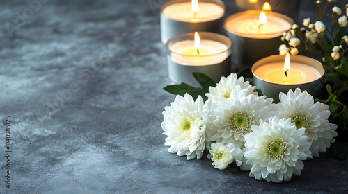 Tranquil condolence background featuring lit candles and white chrysanthemums on a grey textured backdrop symbolizing remembrance and sympathy