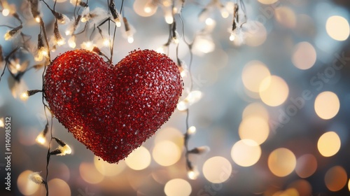 Red Glittery Heart Hanging Among Festive Lights