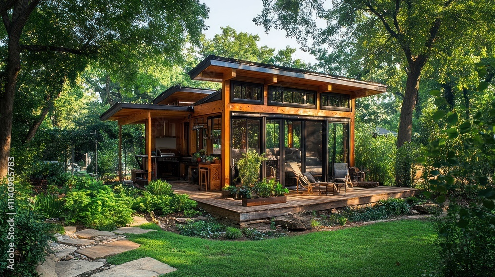 Modern wooden garden studio nestled in lush greenery. Modern wooden garden studio nestled in lush greenery.