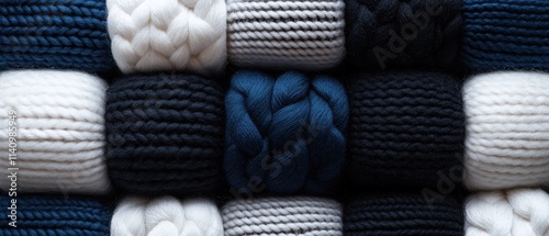 Close-up of a pile of knitted fabric in various colors and patterns. the fabric appears to be made of wool or a similar material, with a variety of colors including blue, white, black, and gray. photo