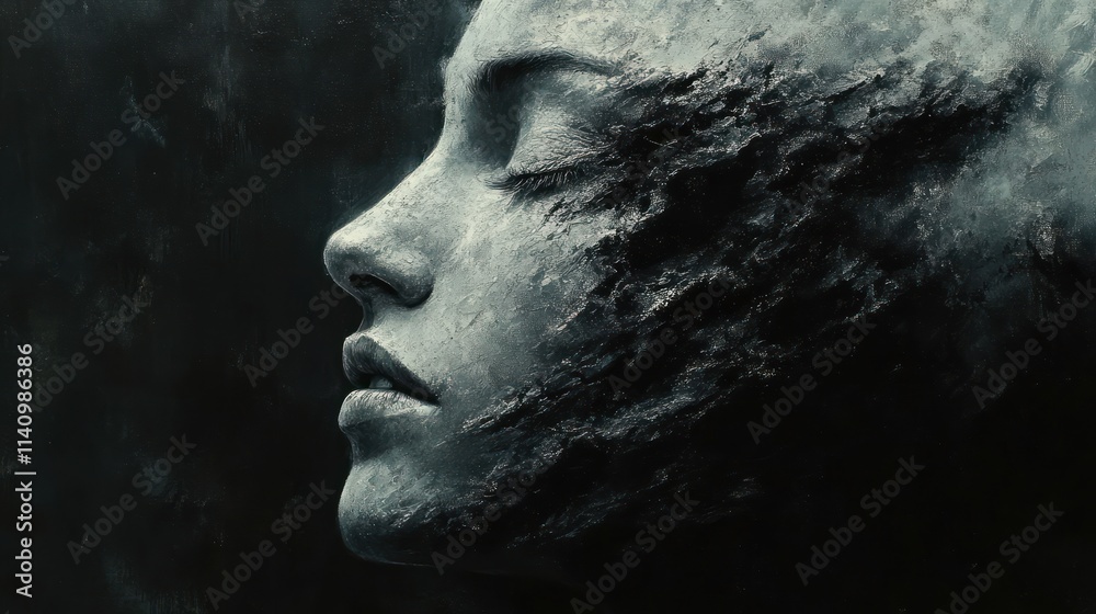 Dark, textured face, eyes closed, stone-like. Dark, textured face, eyes closed, stone-like.