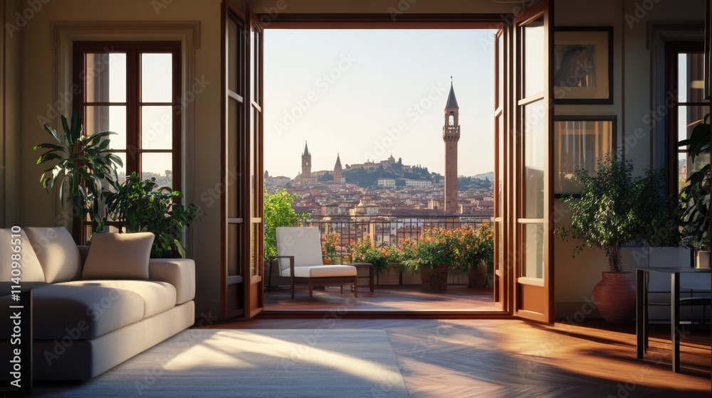 Inviting Interior with Open Doors Overlooking Scenic Cityscape and Architectural Landmarks at Sunset Inviting Interior with Open Doors Overlooking Scenic Cityscape and Architectural Landmarks at Sunset
