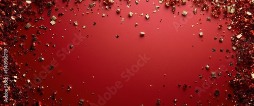 Shimmering golden confetti cascading against a vibrant red background in festive celebration