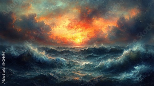 Fiery sunset over tumultuous ocean waves.