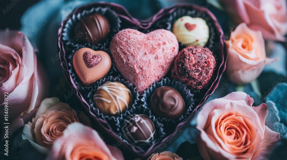 Heart Shaped Box Of Chocolates Surrounded By Roses Heart Shaped Box Of Chocolates Surrounded By Roses
