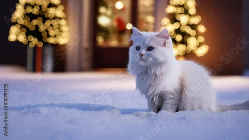 A fluffy white cat sits outside next to a Christmas tree, gazing at the falling snow.






