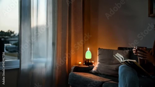 A woman is reading a book in a room, with a view of the window in the background.






