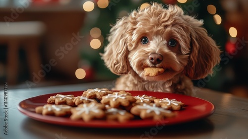 Dog enjoying gingerbread cookies in festive setting with holiday decorations