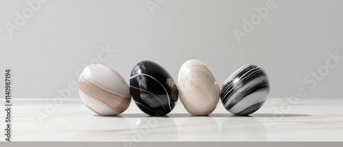 Four spherical objects arranged in a row on a white surface. the objects are of different sizes and shapes, with the largest one in the center and two smaller ones on either side. photo