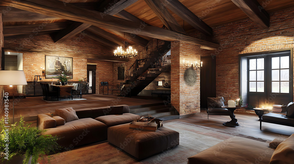 Fototapeta premium Rustic farmhouse, loft interior design of modern living room, room with brick wall and beam ceiling