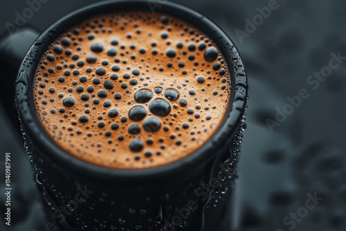 Coffee cup with water drops on a black background. Close up.