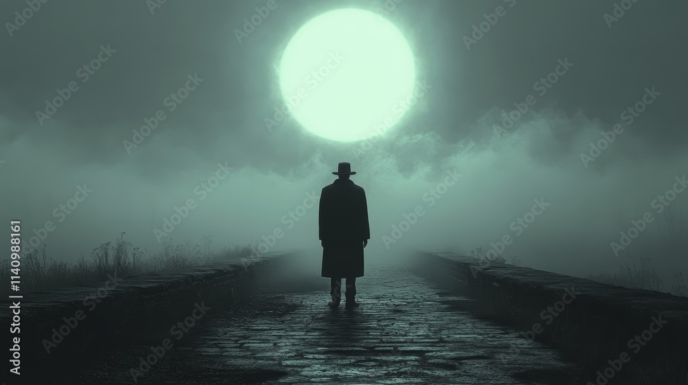 A man is standing on a road in the rain, looking up at a large moon A man is standing on a road in the rain, looking up at a large moon
