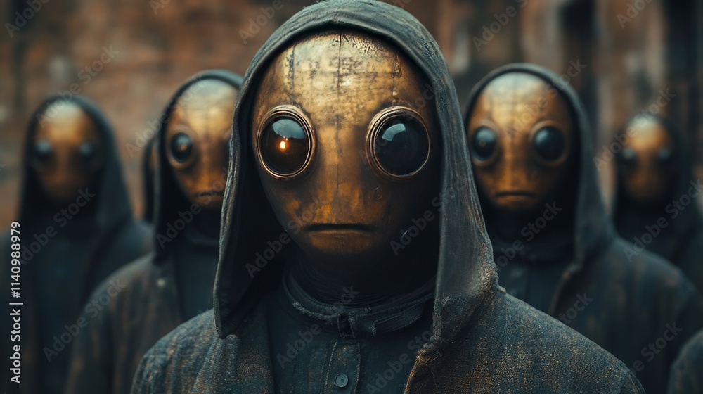 A group of people wearing hooded costumes with glowing eyes A group of people wearing hooded costumes with glowing eyes