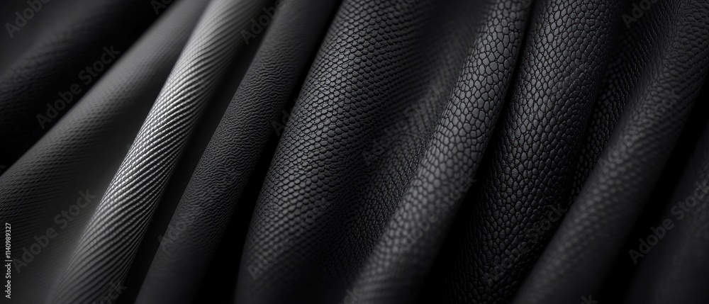 Obraz premium Close-up of a black fabric with a textured surface. the fabric appears to be made of a shiny, textured material with a subtle pattern of lines and curves.