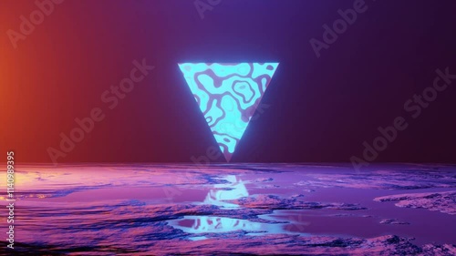 Pyramid with Fluid or Liquid Pattern Rotating in Place in a Desolate Alien Place. Sci-fi 3D Loop Animation