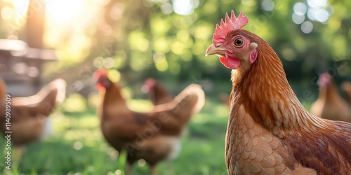 A beautiful brown chicken stands out in a sunny farm yard. photo