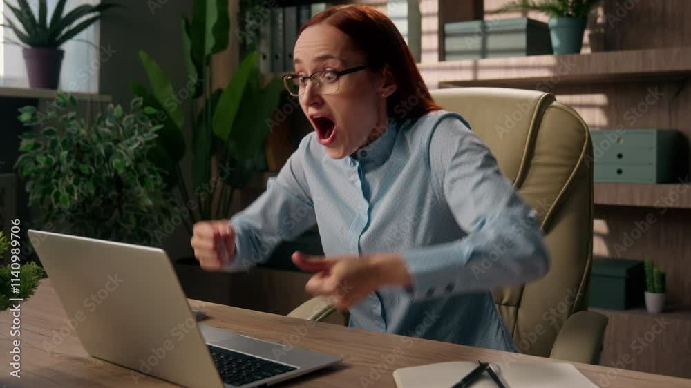 Business success Caucasian woman winner champion girl win achieve triumph online gambling betting laptop victory happy excited businesswoman computer internet work good news rejoice shout in office