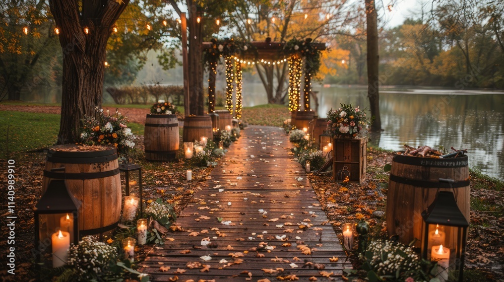 Fototapeta premium A picturesque wedding setup by a serene lake adorned with lights and flowers in autumn.
