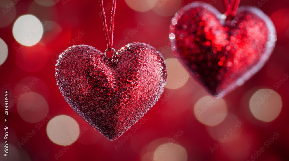 Obraz premium Two Glittering Red Hearts Hanging Against A Blurred Background