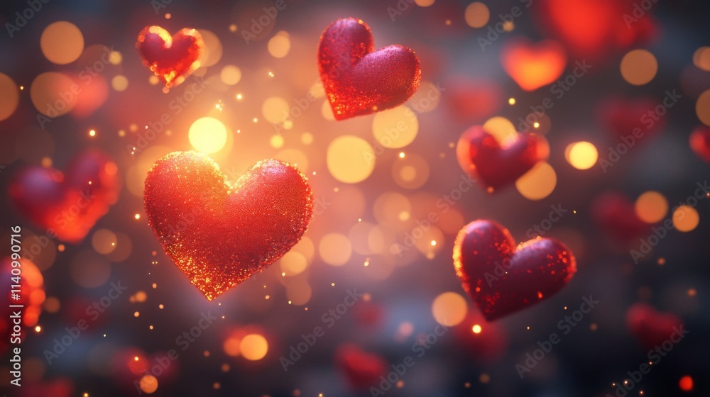 Sparkling Red Hearts Float in a Glowing Background Sparkling Red Hearts Float in a Glowing Background