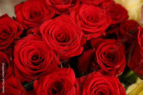 Beautiful bouquet of fresh roses, closeup. Floral decor