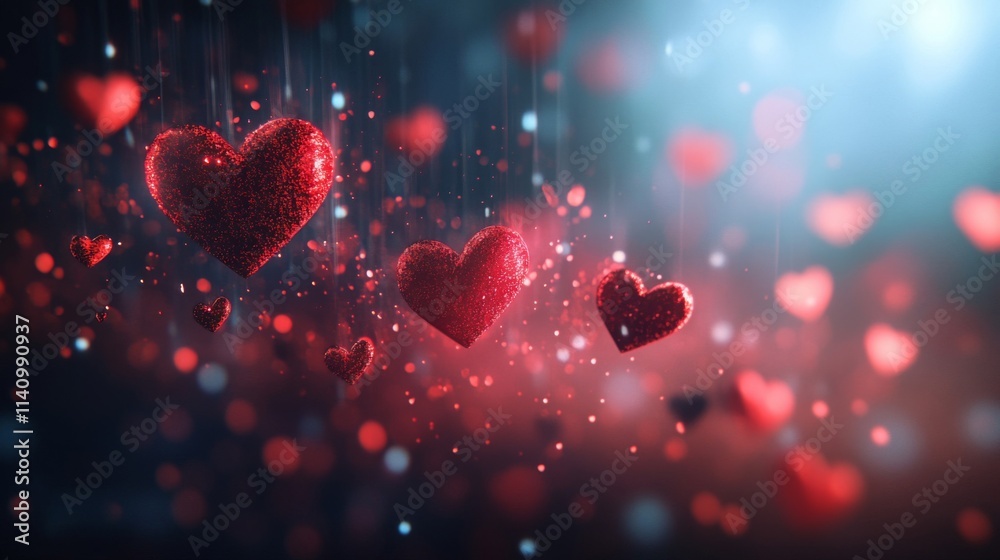 Sparkling Red Hearts Falling Through Dark Space Sparkling Red Hearts Falling Through Dark Space