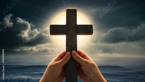 Cross Light in the Darkness in Your Hands: Symbolizing Hope, Faith, and Spiritual Strength in Challenging Times photo