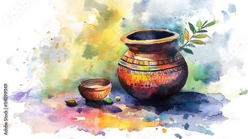 Watercolor illustration for bonalu with traditional indian pot photo