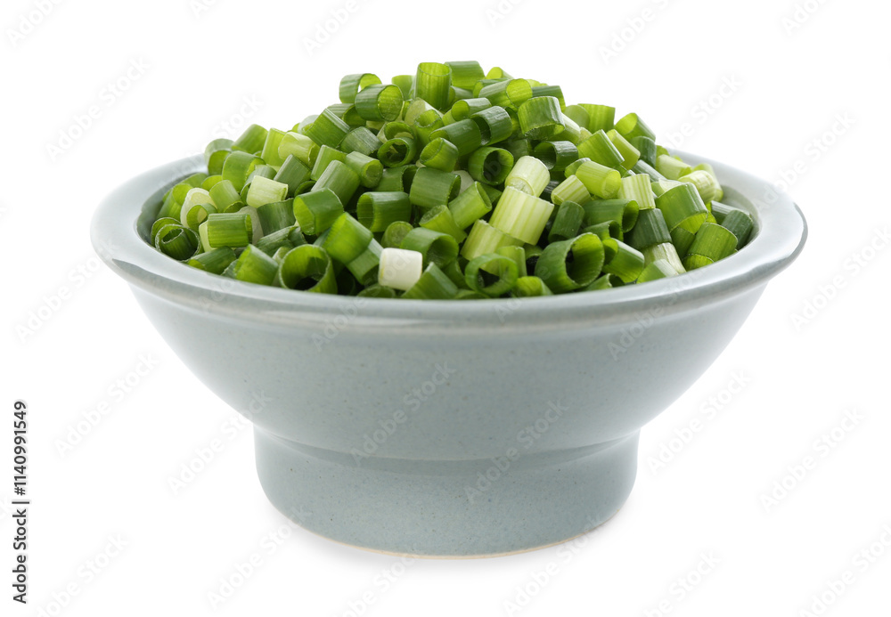 Chopped fresh green onion in bowl isolated on white Chopped fresh green onion in bowl isolated on white