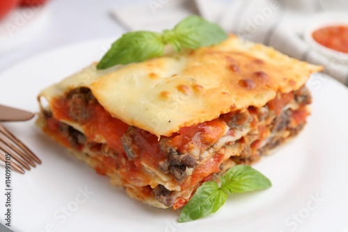 Piece of delicious cooked lasagna with basil on plate, closeup