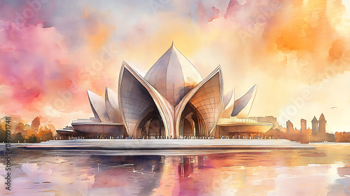 Watercolor illustration of the lotus temple in new delhi photo