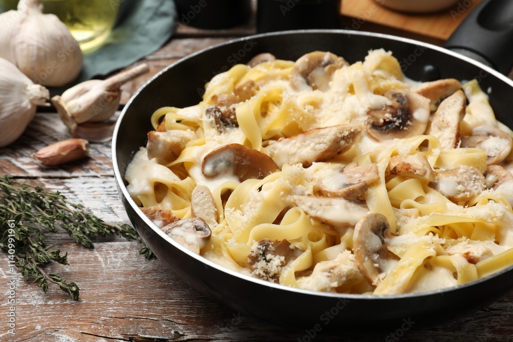 Tasty Alfredo pasta with chicken and mushrooms in frying pan on wooden table, closeup Tasty Alfredo pasta with chicken and mushrooms in frying pan on wooden table, closeup