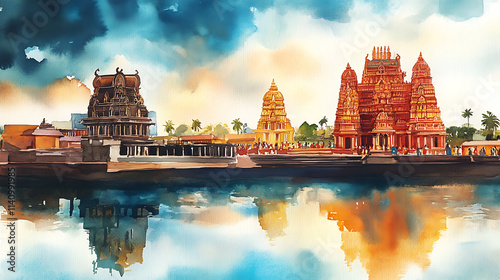 Watercolor panorama of iconic temples for tamil nadu day celebration