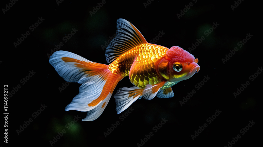 A beautiful goldfish animal swimming gracefully in an isolated aquarium, golden and orange colors underwater, fins gliding through the clear water, embodying the charm of aquatic life, pet. A beautiful goldfish animal swimming gracefully in an isolated aquarium, golden and orange colors underwater, fins gliding through the clear water, embodying the charm of aquatic life, pet.