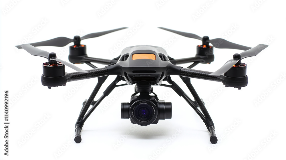 An isolated drone equipped with a camera and propeller, object device technology in aerial video capture, representing a modern quadcopter gadget for photography and surveillance. An isolated drone equipped with a camera and propeller, object device technology in aerial video capture, representing a modern quadcopter gadget for photography and surveillance.
