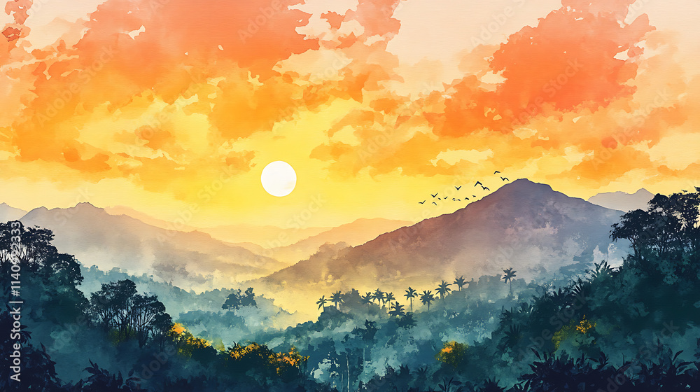 Obraz premium Simple watercolor panoramic view of iconic tamil nadu landscapes at sunset