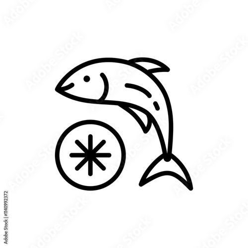 Frozen food line icon. Preserved fish. Cold salmon. Frosted organic seafood. Vector isolated outline illustration