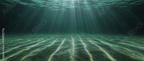 Underwater photograph of the ocean floor. the water is a deep blue-green color and the surface is covered in small rocks and pebbles.