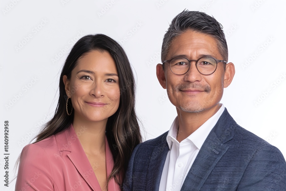 Professional portrait of a stylish couple, woman in a pink blazer and man in a navy suit with glasses, smiling softly, white background, confident and modern corporate photography, approachable partne Professional portrait of a stylish couple, woman in a pink blazer and man in a navy suit with glasses, smiling softly, white background, confident and modern corporate photography, approachable partne