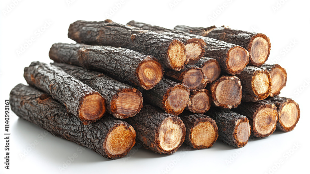 Isolated stack of firewood logs, a neatly piled group of cut tree trunk and branches, ready to be used as natural fuel for a fireplace or heating, rough, bark heap and woodpile. Isolated stack of firewood logs, a neatly piled group of cut tree trunk and branches, ready to be used as natural fuel for a fireplace or heating, rough, bark heap and woodpile.