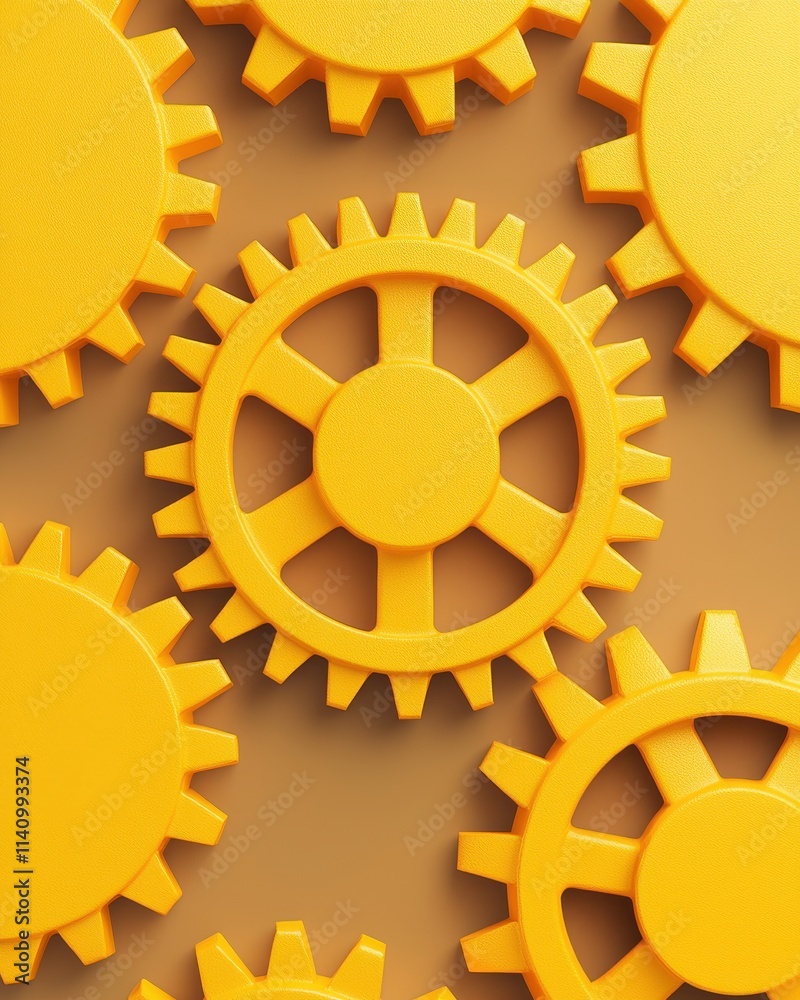 A colorful arrangement of yellow gears on a brown background, symbolizing mechanics, innovation, and teamwork. A colorful arrangement of yellow gears on a brown background, symbolizing mechanics, innovation, and teamwork.