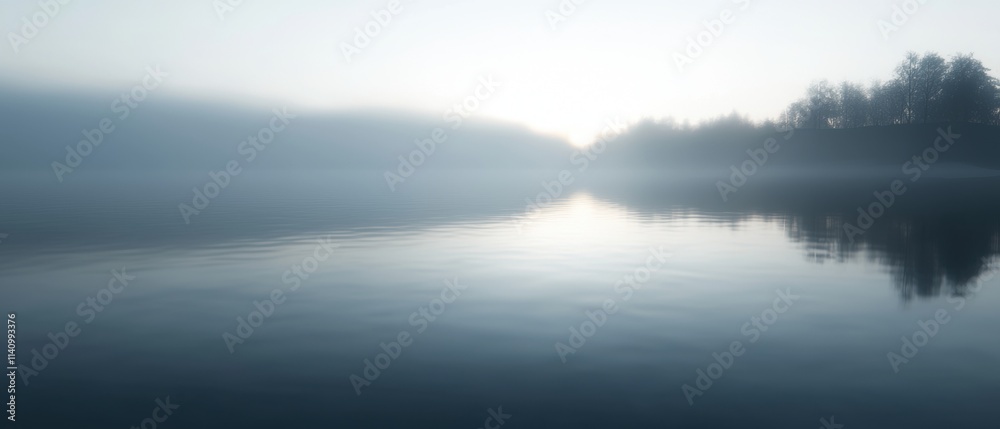 Fototapeta premium Landscape photograph of a calm lake. the water is still and reflects the trees on the right side of the image. the trees are silhouetted against the sky, creating a peaceful and serene atmosphere.